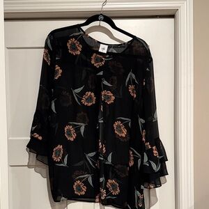 CAbi Black Floral Blouse with Ruffle Sleeves
